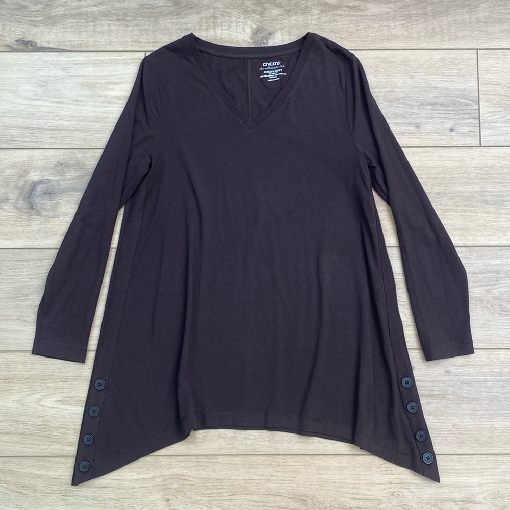 Chicos Ultimate Tee V Neck Tunic Long Sleeve Lagenlook Minimalist Medium Brown